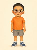 Boy with tan skin, buzz cut and glasses