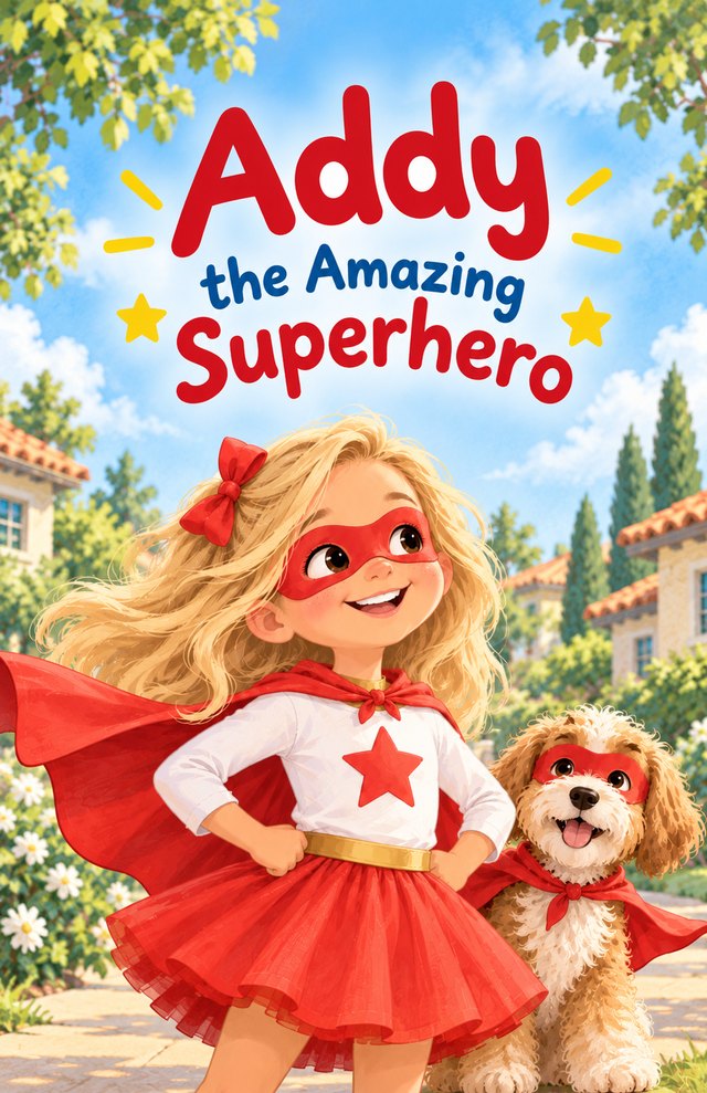 Cover of Addy the Amazing Superhero: a girl in a red cape and mask with her dog