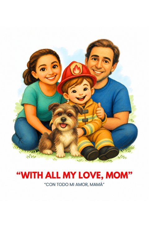 Sample dedication page: an illustrated family portrait with the words With all my love, Mom
